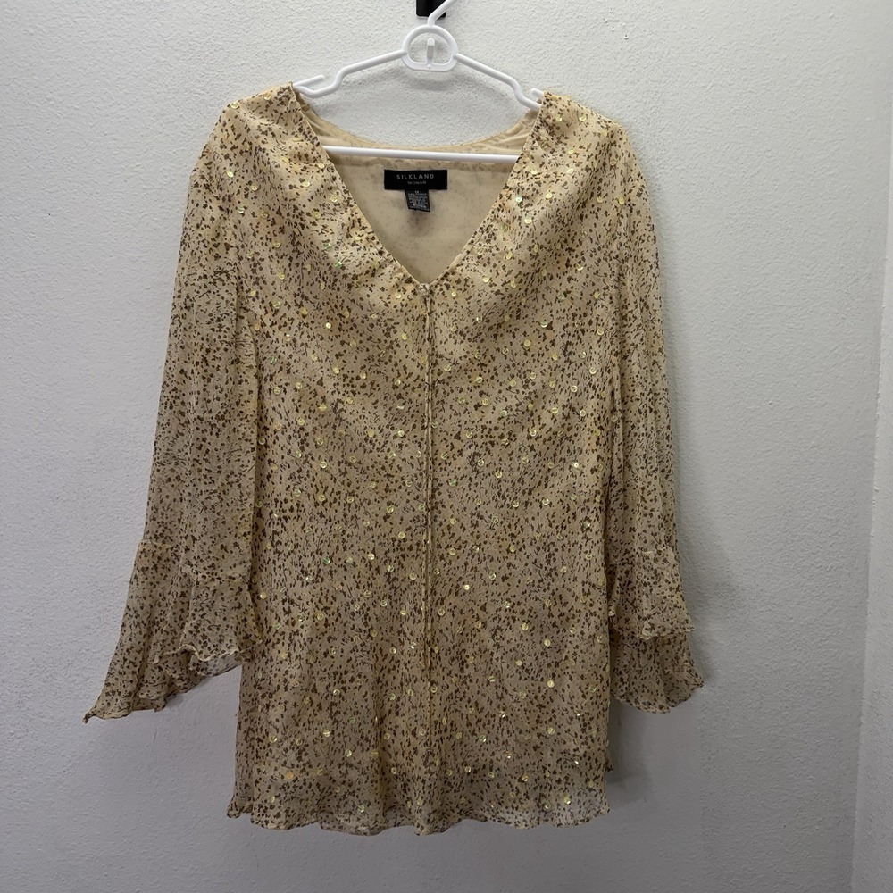 Silkland Sequin Tan Floral Ruffle Dainty Fairy Y2K Top Women's 1X V neck Sheer